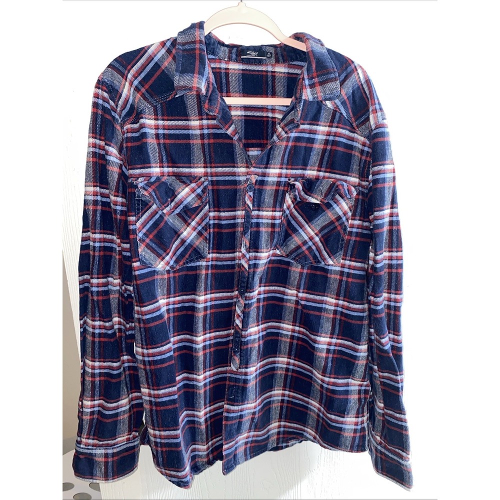 Silver Jeans Cotton Plaid Mens Button‎ Down Shirt Navy Red Flannel  XL